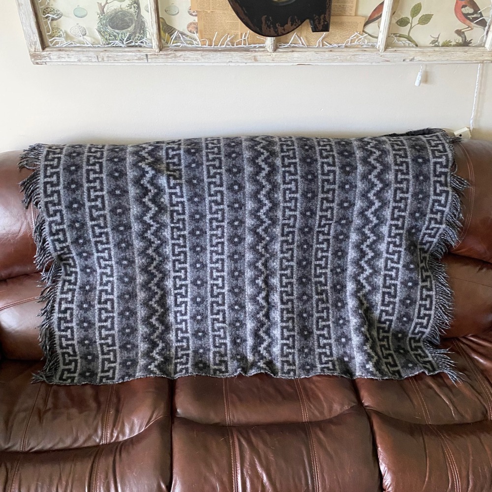 Incalpaca TPX Gray Black Alpaca Wool Greek Key Fringed Throw Blanket Peru *
